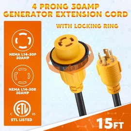 Kanayu 30 Amp 15FT Generator Cord and Pre-Drilled Power Inlet Box, 4 Prong NEMA L14-30P/L14-30R 125V/250V 7500W 10 Gauge Heavy Duty Extension Cord with Generator Interlock Kit, ETL Listed