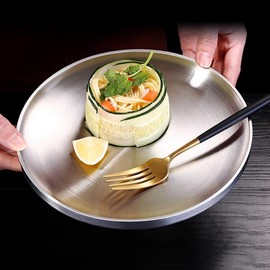 Cabilock Non-Slip 304 Stainless Steel Round Plates Flat Dinner Plates Double-Wall Design for Salad Serving 23cm