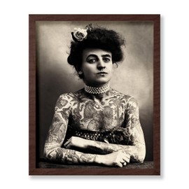 Poster Master Vintage Tattooed Girl Poster - Retro Tattooed Girl Photograph Print - Circus Art - Gift for Her, Women - Gothic Decor for Home, Office, Bedroom, Dorm, 11x14 Brown Framed