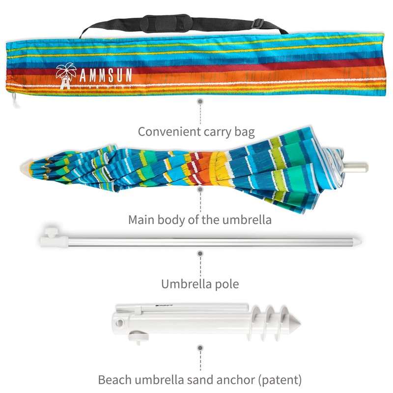 AMMSUN Beach Umbrellas for Sand Heavy Duty Wind Portable, 6.5ft