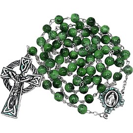 CB Catholic St Patrick Green Glass Marble Bead Rosary Gift Set