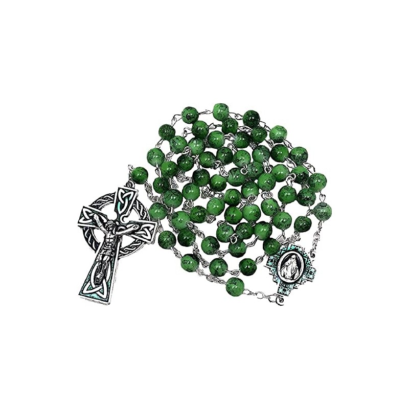 CB Catholic St Patrick Green Glass Marble Bead Rosary Gift