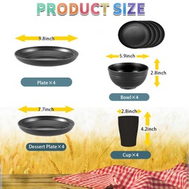 Mtgluk Wheat Straw Dinnerware Set for 4, Plastic Plates, Bowls, and Cups, Unbreakable, Dishwasher & Microwave Safe, Eco-Friendly, Ideal for Family Meals, Camping, and Picnics (Black)