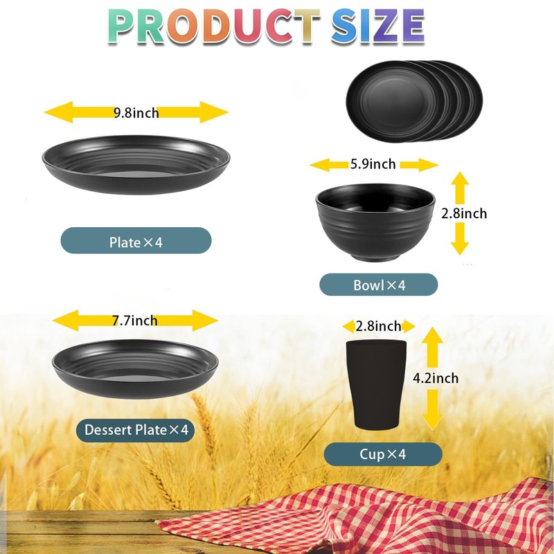 Mtgluk Wheat Straw Dinnerware Set for 4, Plastic Plates, Bowls,