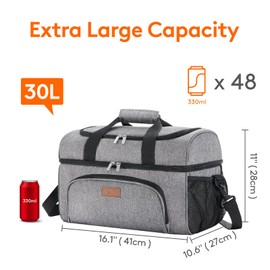 Lifewit Insulated Cooler Bag, 48 Can Large Leakproof Beach Cooler, Lightweight Portable Double Layer Soft-Sided Travel Ice Chest for Camping, Kayaking, Road Trips, Grocery Shopping, Gray