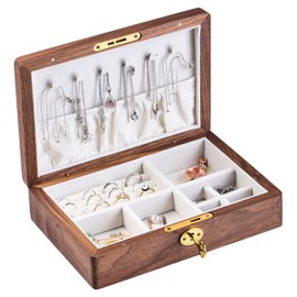 EURIELK Wooden Jewelry Box for Women, Lockable Medium Size Natural Solid Walnut Wood Girls Vintage Trinket Organizer with Large Storage, Ring Compartments, Built in Necklace Hooks, ek09-m-walnut