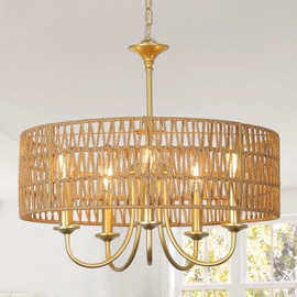 LAMSU Gold Chandelier Light Fixtures, 5-Light Large Boho Rattan Pendant Lighting with Hand Woven Wicker Shade, Modern Farmhouse Chandeliers for Dining Room Living Room Kitchen Island Bedroom