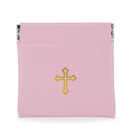 Squeeze Top Rosary Pouch Pink Vinyl with Gold Cross Imprint