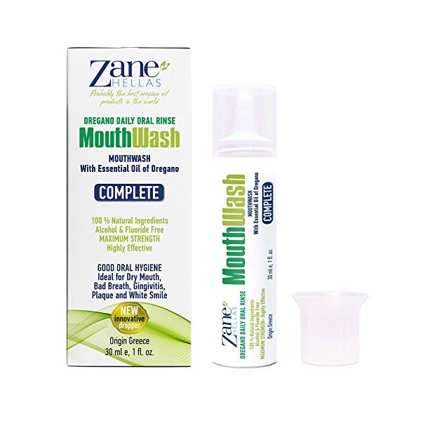 Zane Hellas MouthWash. Oral Rinse with Oregano Oil Power. Ideal for Gingivitis, Plaque, Dry Mouth, and Bad Breath. Alcohol and Fluoride Free. 100% Herbal Solution. 1fl.oz.-30ml.