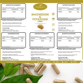 Magnesium and Potasium with High Dosage | Magnesium Citrate 250 mg + Potassium Citrate 1000 mg Pure | Muscle Support, Energy, Nervous System and Fatigue, Neutral in Taste | 400 g without Additives |