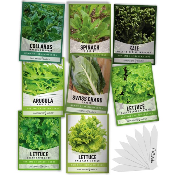 Gardeners Basics, 8 Leafy Garden Greens Seeds for Planting Individual