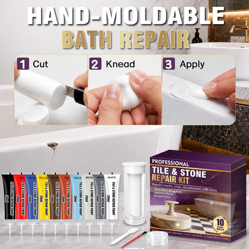 Porcelain Repair Kit, Tile and Stone Repair Kit, 10 Colors,