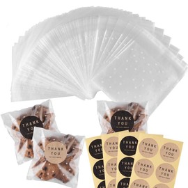 200 Pcs Self Adhesive Cookie Bags Cellophane Treat Bags Thank You Cookie Bags for Gift Giving with Stickers(4x4in)