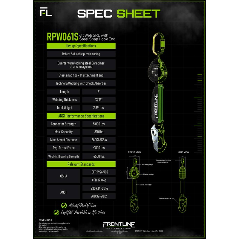 Frontline Fall Protection RPW061S Web Single Leg 6ft SRL with