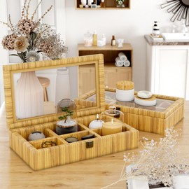 Fllamo Rattan Storage Box,Boho Display Decorative Box with Lid,Creative Home Storage with 6 Divided Sections,Shelf Decor keepsake Box for Home Decor