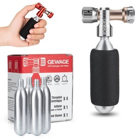 GEWAGE CO2 Air Pump for Bicycle Tyres - CO2 Bicycle Pump Including 4 Pack CO2 Capsules 16 g with Thread and Compatible Presta & Schrader Valve for Mountain Bike and Road Bike (Splitter)