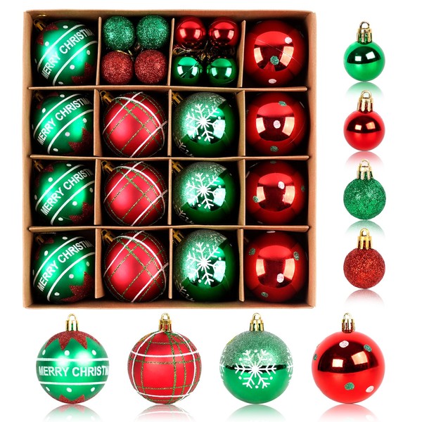 30-Piece Christmas Baubles Set, 6 cm/3 cm, Red Green Christmas Tree Baubles, Plastic Christmas Tree Decorations, Shatterproof Christmas Tree Baubles, Christmas Tree Ornaments for Christmas, Indoor,
