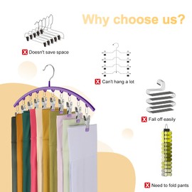 Volnamal Legging Organizer for Closet, Metal Yoga Pants Hangers 4 Pack w/10 Clips Holds 40 Leggings, Hangers Space Saving Hanging Closet Organizer w/Rubber Coated Closet Organizers and Storage, Purple