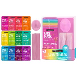 Freeman Facial Love To Mask Variety Pack: Oil Absorbing Clay, Detoxifying Charcoal, Clearing Peel Off, Hydrating Gel Cream, Exfoliating Scrub (14 Piece Kit with Bonus Buffer and Headband)