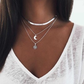 Yheakne Multi Layered Moon Chain Necklace Silver Tree Of Life Necklace Boho Flat Snake Chain Necklace Vintage Moon Pendant Necklace Jewelry for Women and Girls