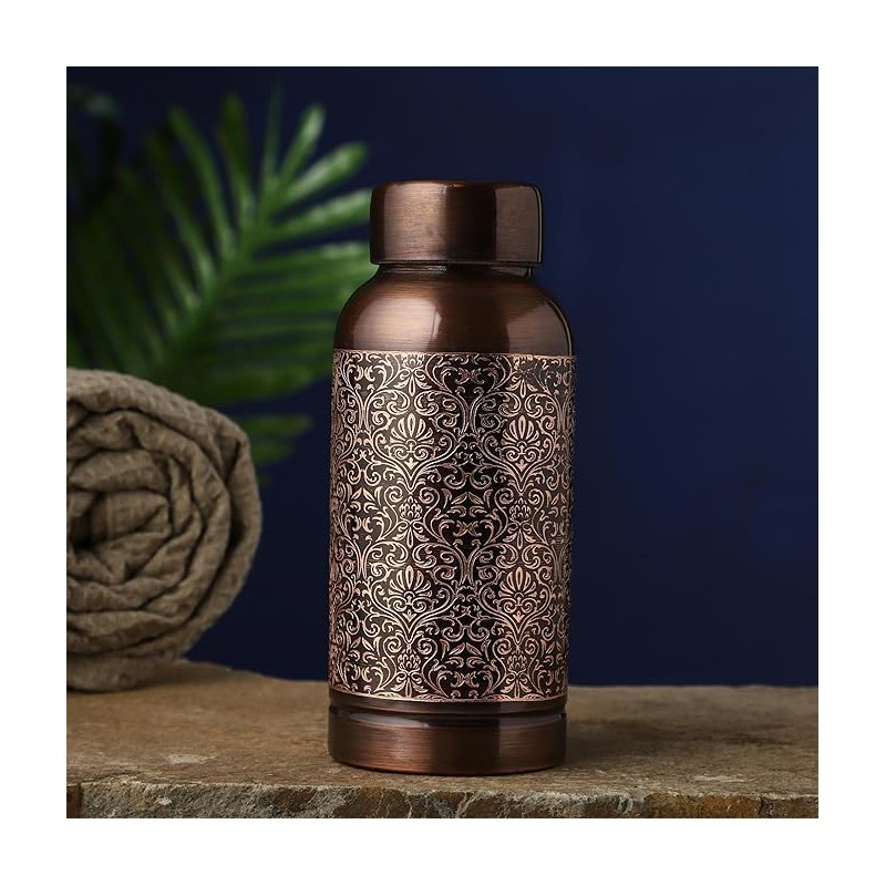 ANCIENTIMPEX Pure Copper Water Bottle Beautiful Floral Pattern For Ayurveda
