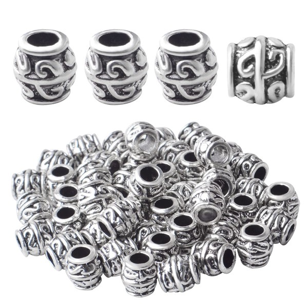 BronaGrand 50pcs Antique Silver Large Hole Spacer Beads, Barrel Shape,