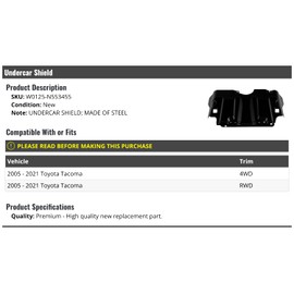 Marketplace Auto Parts Lower Undercar Engine Shield Cover - Compatible with 2005-2021 Toyota Tacoma