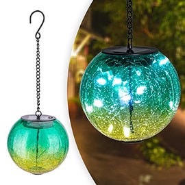 Hanging Solar Lantern Solar Gazing Ball Outdoor Mosaic Lights with 10 LEDs Hanging Cracked Glass Ball Lights for Garden Yard Patio Party Decor (Green)