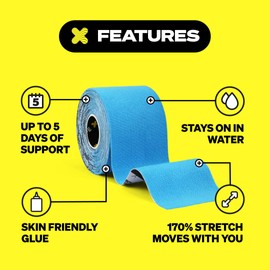 SPORTTAPE Kinesiology Tape - 5cm x 5m Roll - Blue | Physio & Sports Injury Muscle Tape for Shoulder, Knee, Ankle, Shin Splints, Joint & Body Support | Waterproof & Hypoallergenic Kinetic Sports Tape