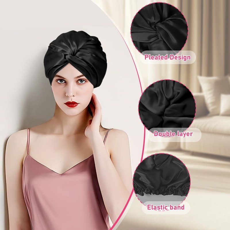 AOOWU 100% Mulberry Silk Sleep Cap, Non-Slip Adjustable Silk Hat,
