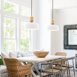 TeHenoo Modern Pendant Lighting,Large Pendant Lamp,Wood and Brass Accent,Adjustable Metal Hanging Light Fixture for Kitchen, Dining Room, White