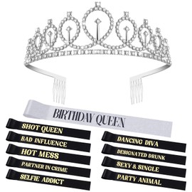 Jexine 11 Pcs Birthday Queen Sash and Rhinestone Tiara Set Birthday Sash and Queen Tiara Crowns with Glitter Silver Birthday Crowns and 9 Black Birthday Squad Sash for Women Birthday Party Accessories