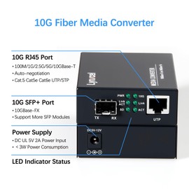 Lynxcel 10G Fiber Media Converter, 10 Gigabit SFP to 10G Ethernet Copper UTP Media Converter, Unmanaged 1x 10G/5G/2.5G/1G/100M RJ45 to 10GBase-X SFP+ Slot, Support 10G SR/LR SFP+ Module