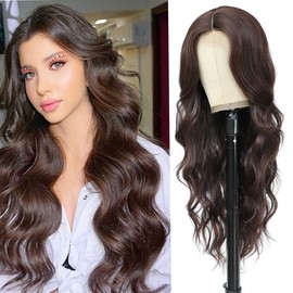 Long Wavy Wig with Lace Hairline 26 Inch Middle Part Curly Wigs for Women Synthetic Heat Resistant Fibers Wig for Daily Wear and Party Use (Dark Brown)