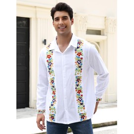 Vackutliv Mexican Shirts for Men Guayabera para Cinco De Mayo Fiesta Traditional Embroidered Collared Button Up Long Sleeve Hombre Camisas Dress Shirts Style Outfit Bloom White