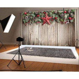 Baocicco Vinyl 10x8ft Merry Christmas Backdrop Photography Background Christmas Tree Decorations Red Berries Stars Wooden Wall Texture Vintage Backdrop Children Kids Adults Portraits Photo Studio