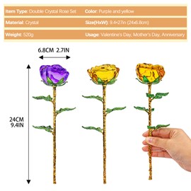 HDCRYSTALGIFTS Crystal Rose Flower Glass Purple and Yellow Flowers with Green Leaves for Wedding Anniversary/Wife, Romantic Forever Gifts for Her Valentine's Day/Birthday/Wedding(Pack of 2)