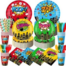Widecook 450 Pcs Hero Theme Tableware Set Decorations, Hero Action Themed Disposable Paper Plates Napkins Cups Cutlery Straws for Comic Birthday Baby Shower Party Supplies, Dinnerware Serves 50