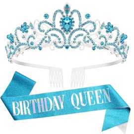 Birthday Crowns for Women, Tiaras and Crown for Women, Tiara for Women Birthday Queen, Birthday Crown and Sash for Women, Blue Rhinestone Queen Tiara with Birthday Girl Sash, Birthday Princess Tiara