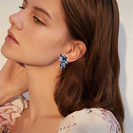 MALOYANVE Crystal Cluster Earrings Funky Punk Rock Small Round Rhinestone Angel Wings Statement Stud Earrings for Brides Bridemaids Wedding Jewelry Gifts for Women (Dark Blue)