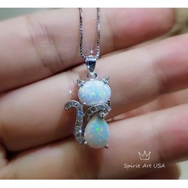 Cat Opal necklace - Diamond Kitty 18KGP @ Sterling Silver Pet Cat lover gift Kitten Jewelry 16" ~20" adjustable chain