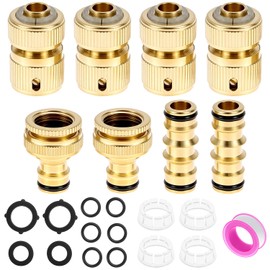 QWORK® 8PCS Brass Garden Hose Tap Quick Connector Set, Includes 1/2" and 3/4" Fittings,Quick Connect, Double Male Connectors, and Accessories