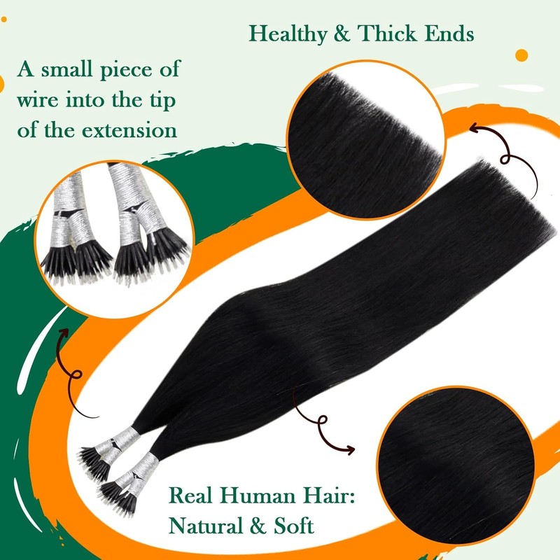 Easyouth Nano Ring Hair Extensions Real Hair Jet Black Individual