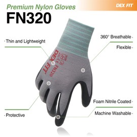 DEX FIT Lightweight Work Gloves FN330, 3D Comfort Power Grip, Thin, Flexible, Stretchy Fit Nylon, Spandex, Durable, Water-based, Nitrile Foam, Machine Washable, grey, FN 330