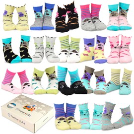 TeeHee Little Girls and Toddler Cute Novelty and Fashion Cotton Crew Socks 18 Pair Gift Box (6-8 Years, Cat-Dog-Pig Face)