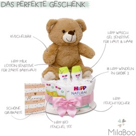 MilaBoo® Rosa Windeltorte Mädchen mit kuscheligen kleinen Teddybär I hochwertiges Neugeborenen Geschenk mit Windeln und Produkten von Hipp I persönliches Babygeschenk zur Geburt