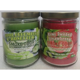 Smoke Odor Exterminator 13 oz Jar Candles Assortment Two Fragrances Bundle Cool Cucumber & Honeydew & Kiwi Twisted Strawberry.