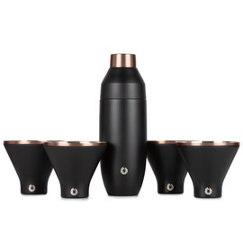 SNOWFOX Premium Vacuum Insulated Stainless Steel 22oz Cocktail Shaker and 4 Martini Glass Set-Home Bar Accessories-Elegant Drink Mixer-Leak-Proof Lid With Jigger & Built-In Strainer-Black/Gold