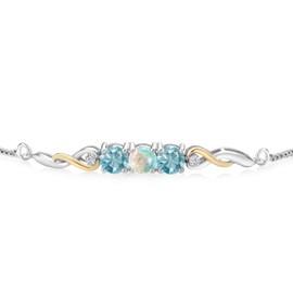 925 Sterling Silver and 10K Yellow Gold White Opal Blue Zircon and White Lab Grown Diamond Tennis Bracelet For Women (2.22 Cttw, Gemstone October Birthstone, Fully Adjustable Up to 9 Inch)