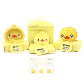 Happy Lolli Birthday Gift for Girls/Boys, 3 Individually Wrapped Gifts in 1 with 3 Tasks to Teach Kids Responsible Money Management and Giving with Duck Piggy Bank, Purse & a Tote Bag- Ready to Gift